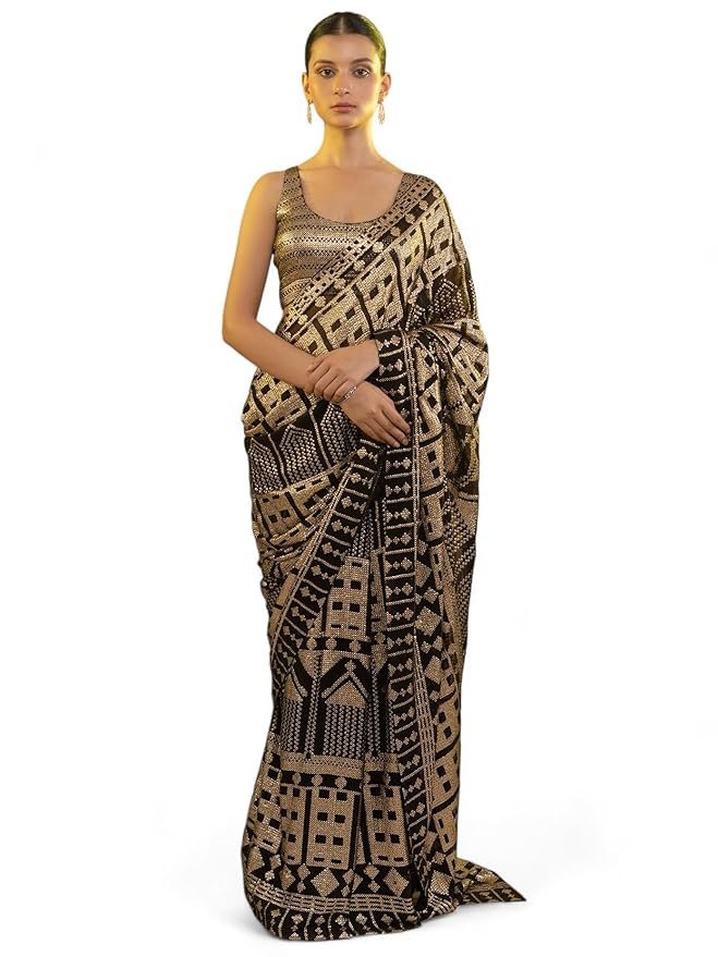 71M0L5OkYQL._SY879_ Women's Black Sequins Work Heavy Georgette Saree with Blouse (1024-Black-Sequins-Designer-Saree-Latest, Black) - Image 1